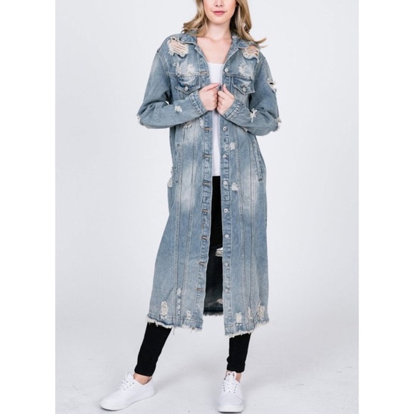 Plus Size Distressed Destroyed Vintage Long Maxi Denim Jean Jacket Coat - Picture 2 of 8